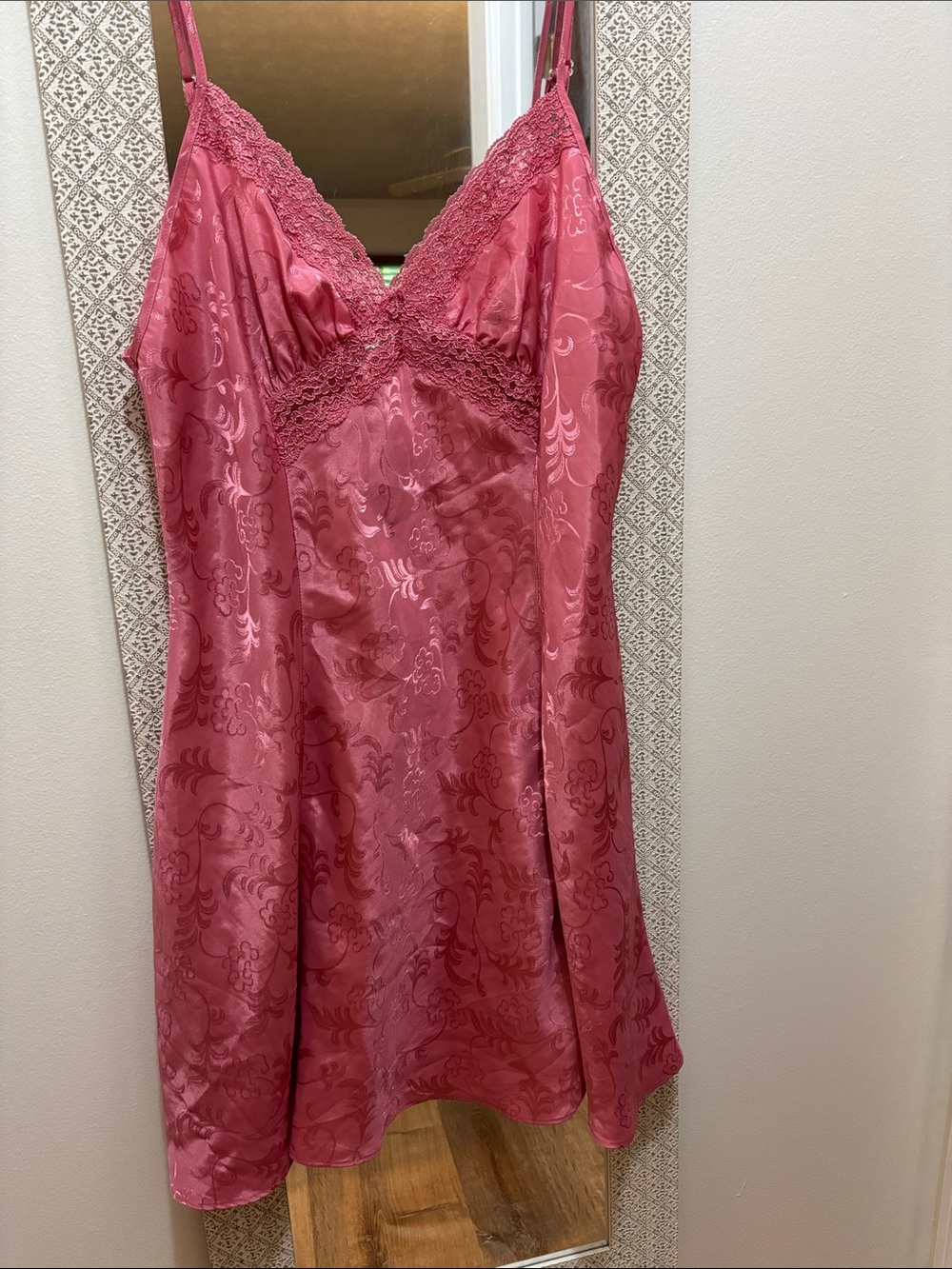 Vintage Lace Pink Satin Floral Nightgown Slip